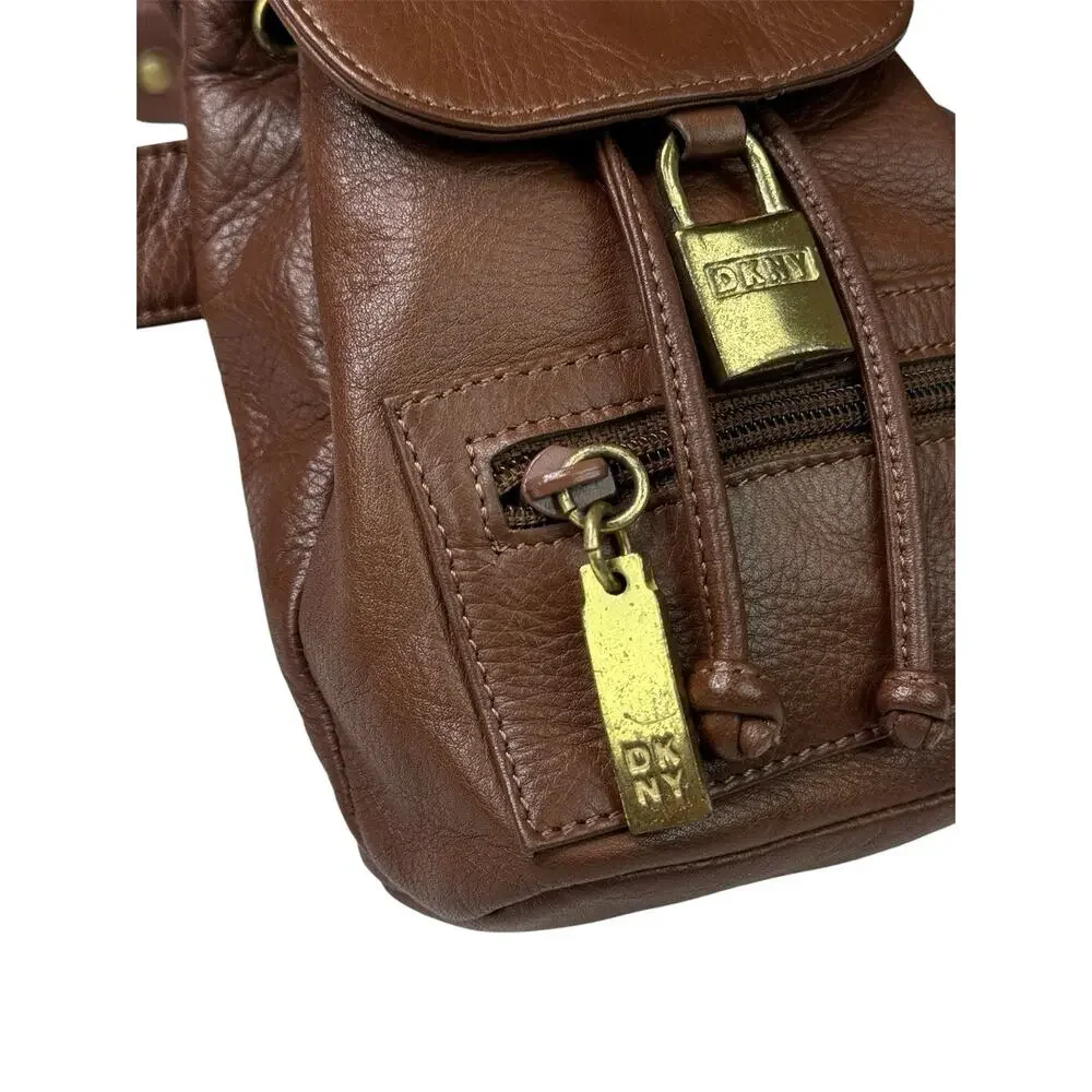 DKNY Donna Karan New York Y2K Vintage Brown Leather Mini Backpack Waist Belt